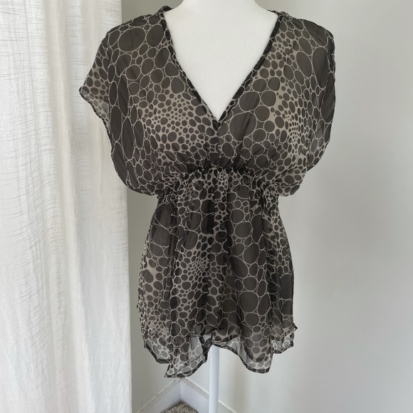 R. 89 Black Beige Silk Sheer Blouse Top - Picture 3 of 7